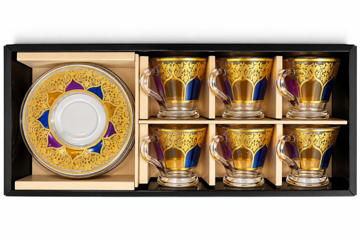 Gold Floral Glass Tea & Coffee Cups with Saucers – 12-Piece Set