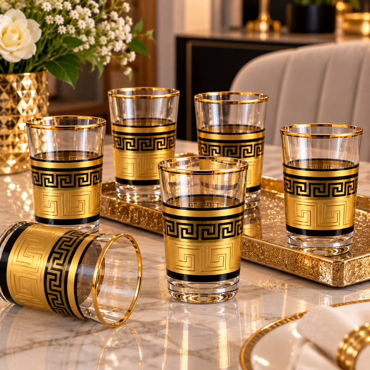 Black & Gold-Coloured Design Drinking Glasses – Set of 6