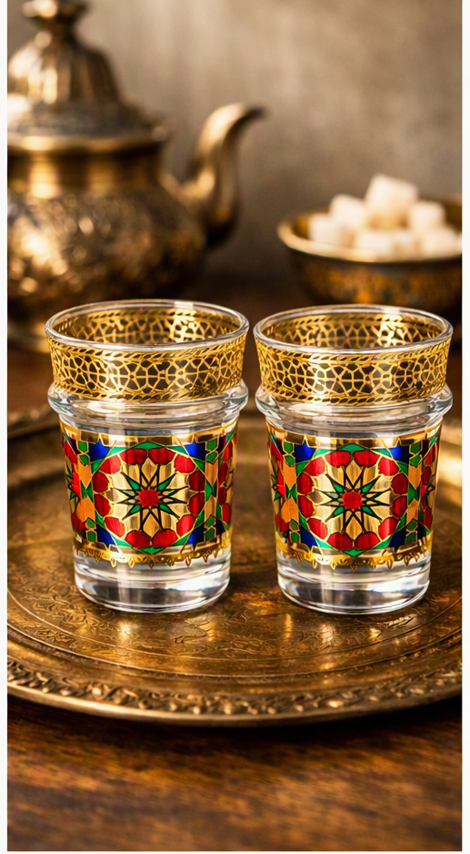 Mosaic Glass Tea Cups with Gold Honeycomb Rim – Set of 12