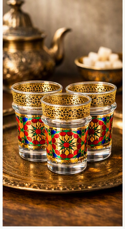 Mosaic Glass Tea Cups with Gold Honeycomb Rim – Set of 12