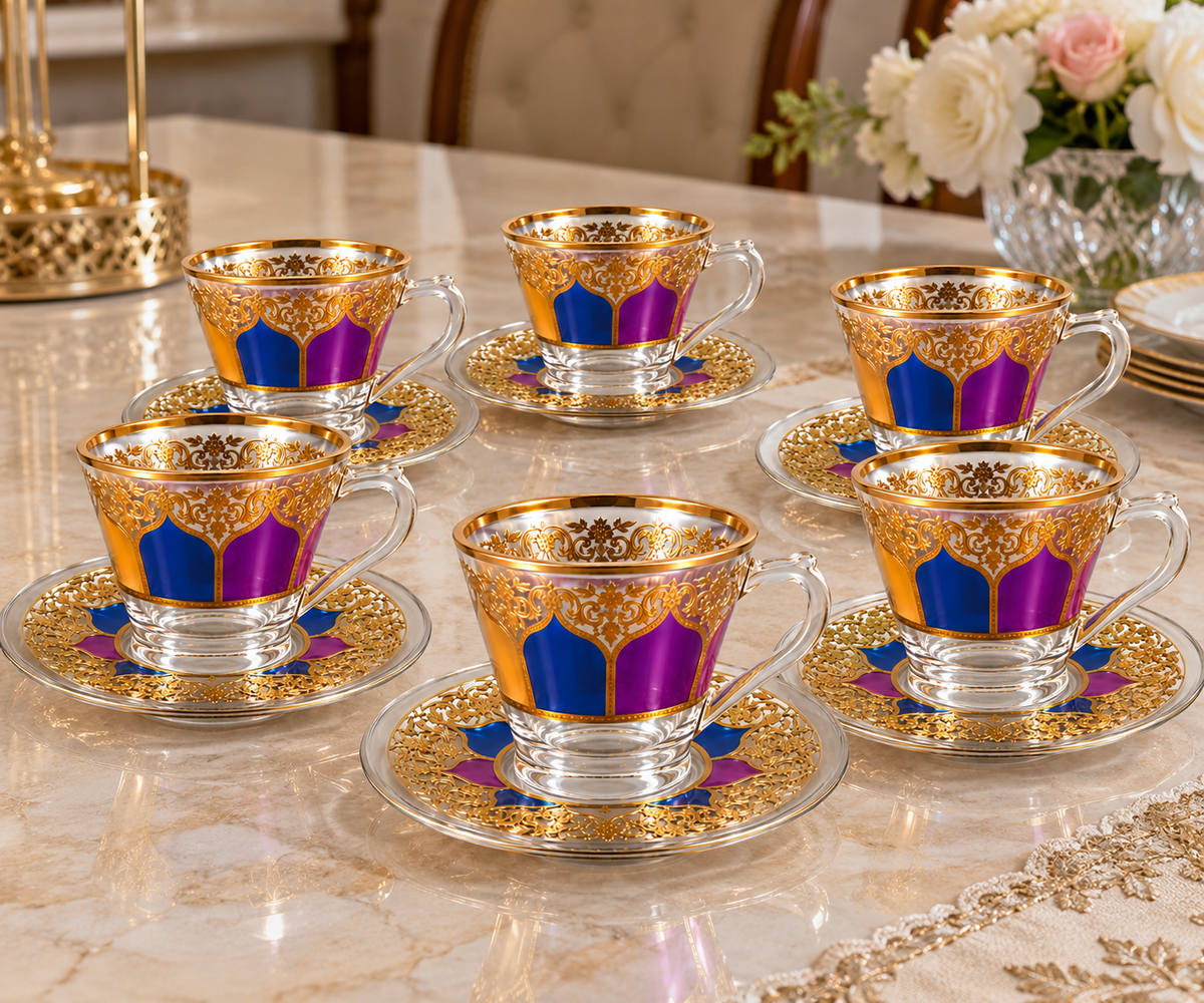 Gold Floral Glass Tea & Coffee Cups with Saucers – 12-Piece Set