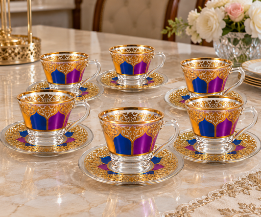 Gold Floral Glass Tea & Coffee Cups with Saucers – 12-Piece Set