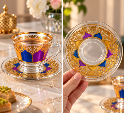 Gold Floral Glass Tea & Coffee Cups with Saucers – 12-Piece Set