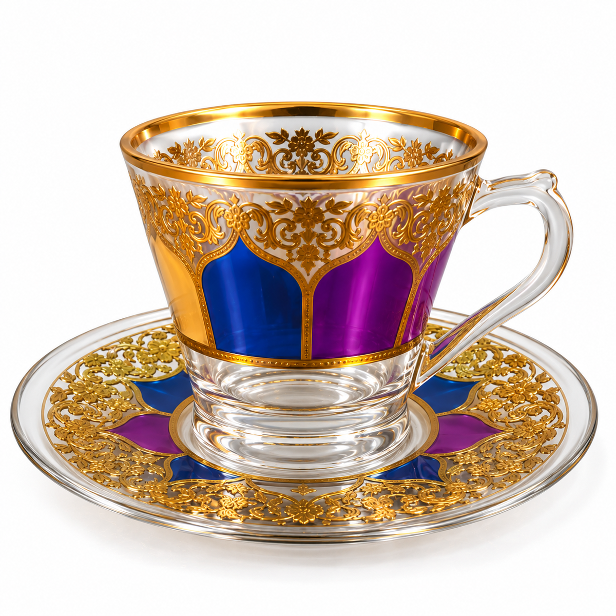 Gold Floral Glass Tea & Coffee Cups with Saucers – 12-Piece Set