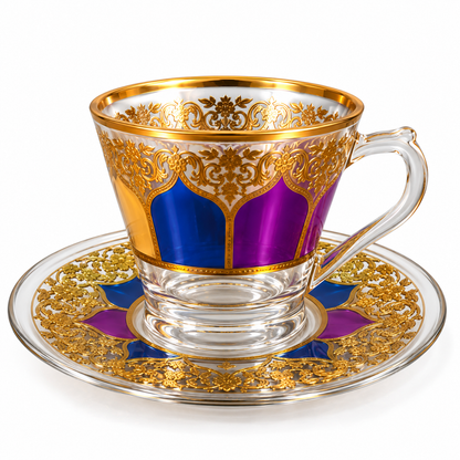 Gold Floral Glass Tea & Coffee Cups with Saucers – 12-Piece Set