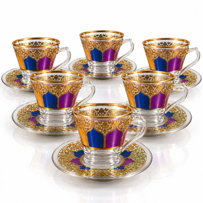 Gold Floral Glass Tea & Coffee Cups with Saucers – 12-Piece Set