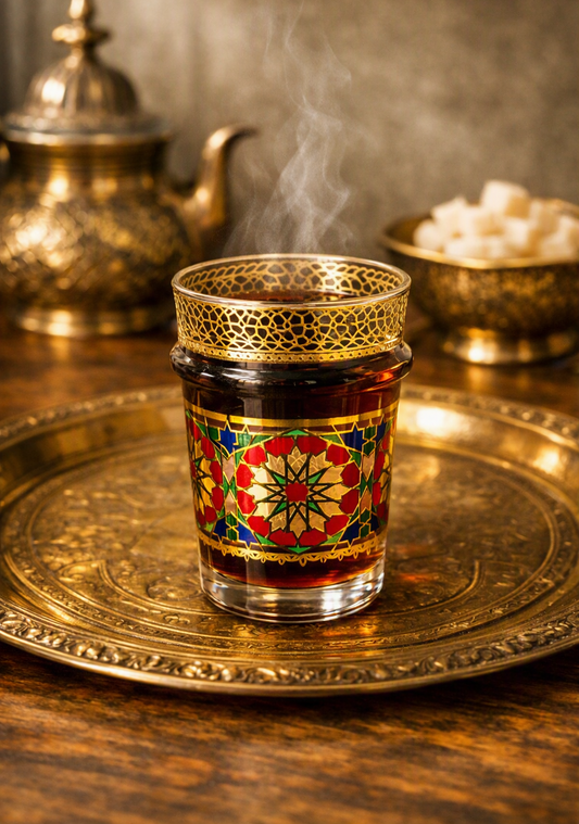 Mosaic Glass Tea Cups with Gold Honeycomb Rim – Set of 12