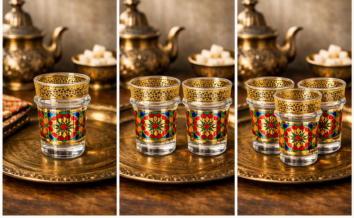 Mosaic Glass Tea Cups with Gold Honeycomb Rim – Set of 12