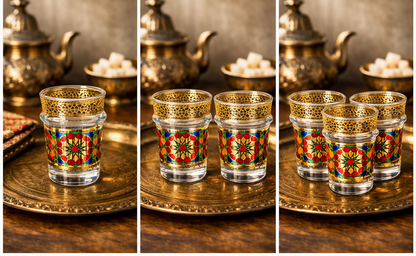 Mosaic Glass Tea Cups with Gold Honeycomb Rim – Set of 12