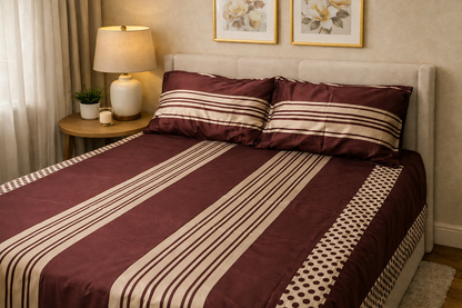 Maroon Striped Double Bed Sheet Set with 2 Pillowcases