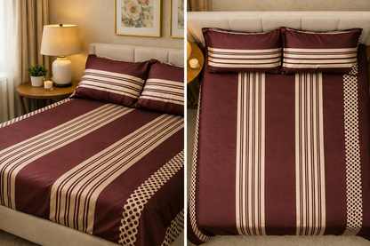 Maroon Striped Double Bed Sheet Set with 2 Pillowcases