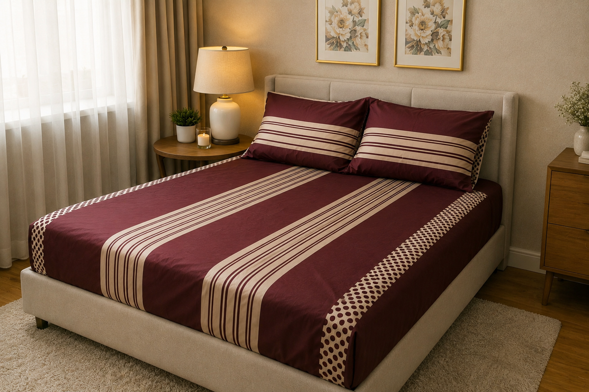 Maroon Striped Double Bed Sheet Set with 2 Pillowcases