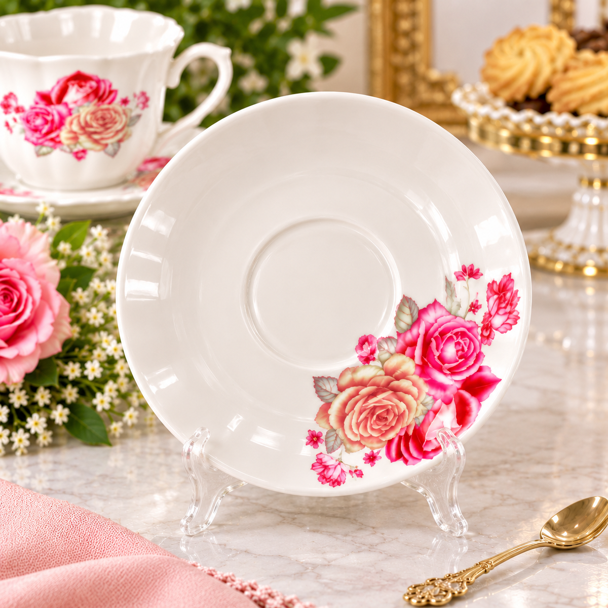 White Rose Tea & Coffee Cups with Saucers – 12-Piece Set