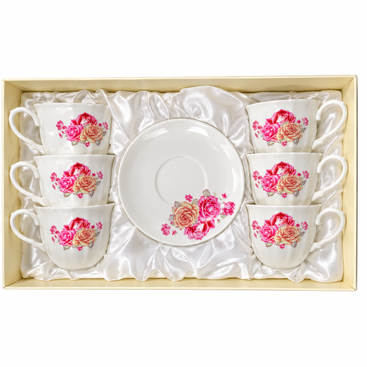 White Rose Tea & Coffee Cups with Saucers – 12-Piece Set