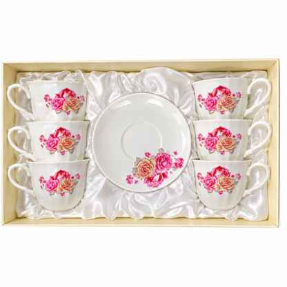 White Rose Tea & Coffee Cups with Saucers – 12-Piece Set