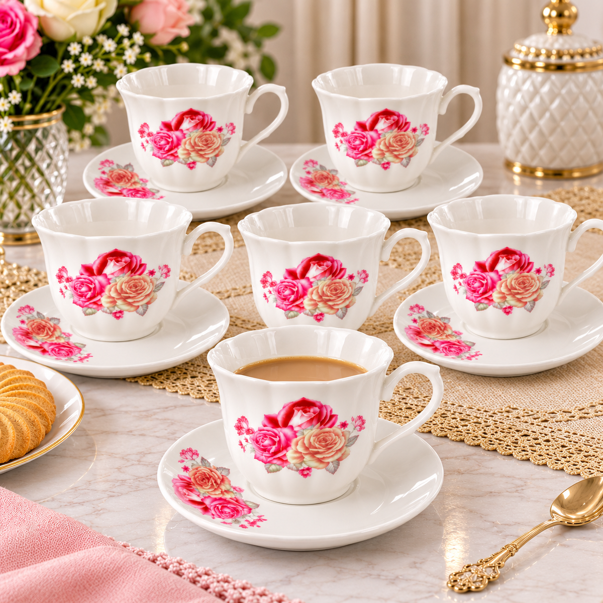 White Rose Tea & Coffee Cups with Saucers – 12-Piece Set