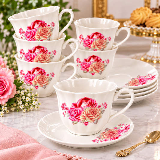 White Rose Tea & Coffee Cups with Saucers – 12-Piece Set