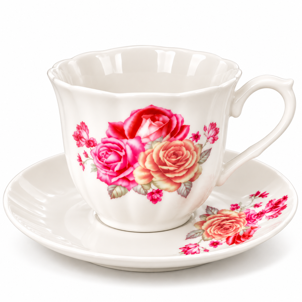 White Rose Tea & Coffee Cups with Saucers – 12-Piece Set