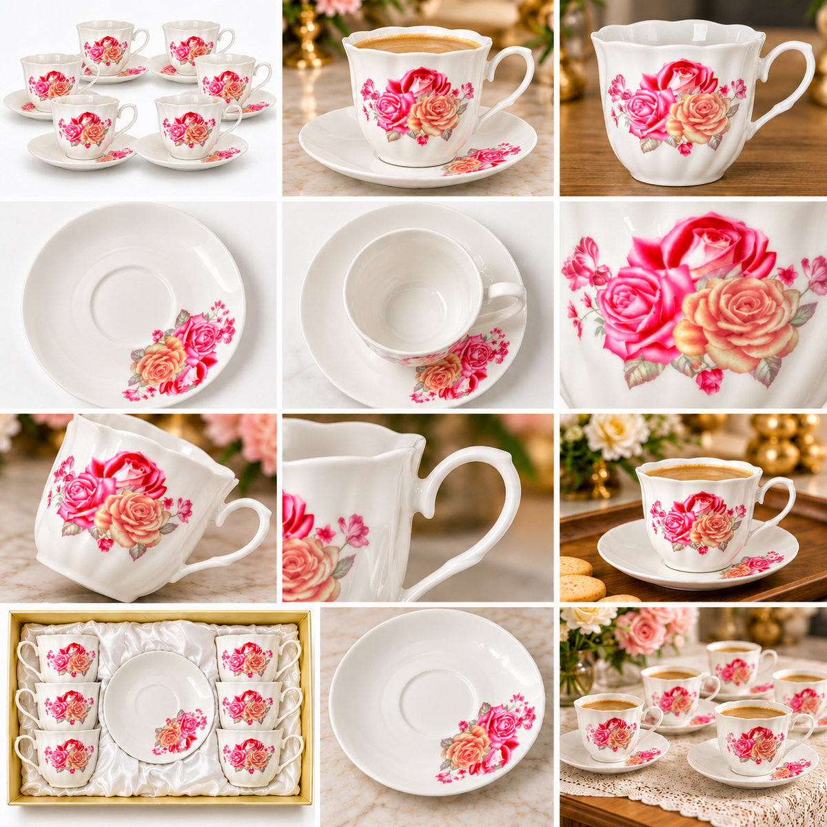 White Rose Tea & Coffee Cups with Saucers – 12-Piece Set