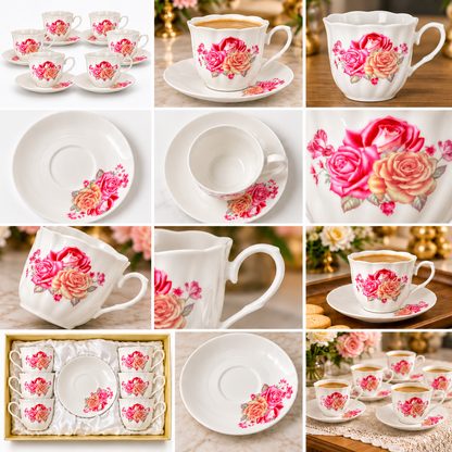 White Rose Tea & Coffee Cups with Saucers – 12-Piece Set