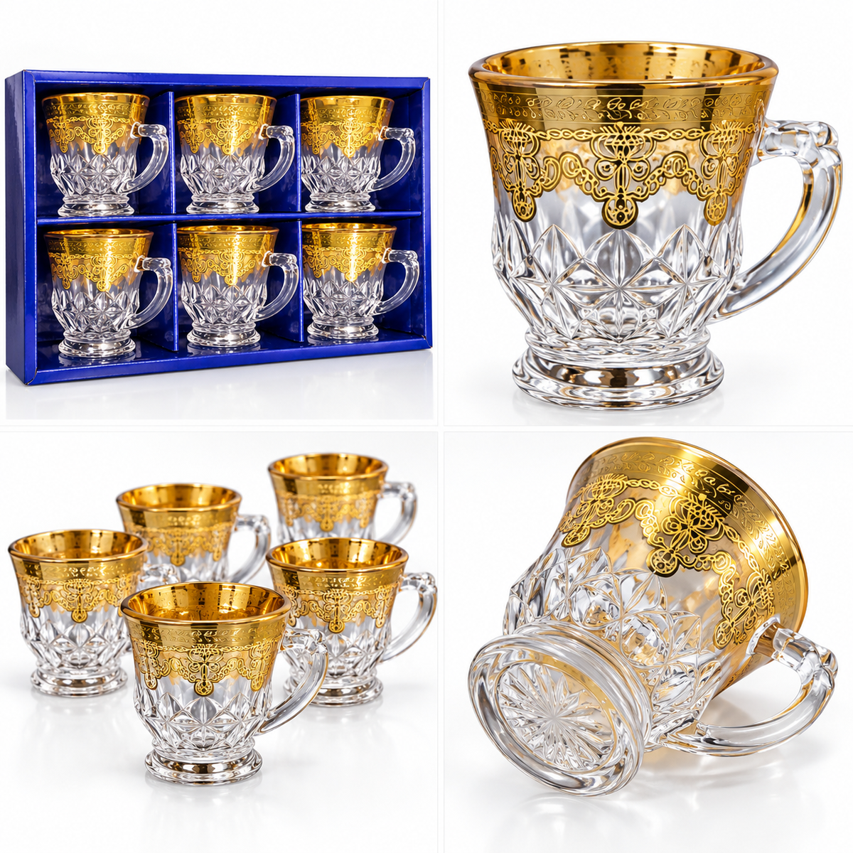 Gold Floral Glass Cups with Handles – Set of 6