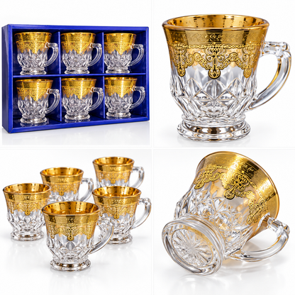 Gold Floral Glass Cups with Handles – Set of 6