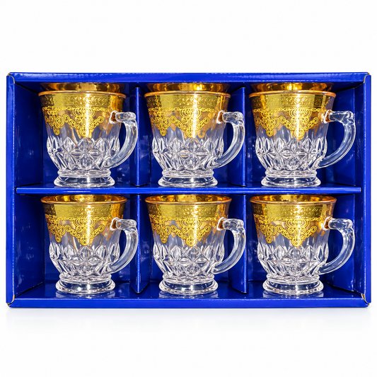 Gold Floral Glass Cups with Handles – Set of 6