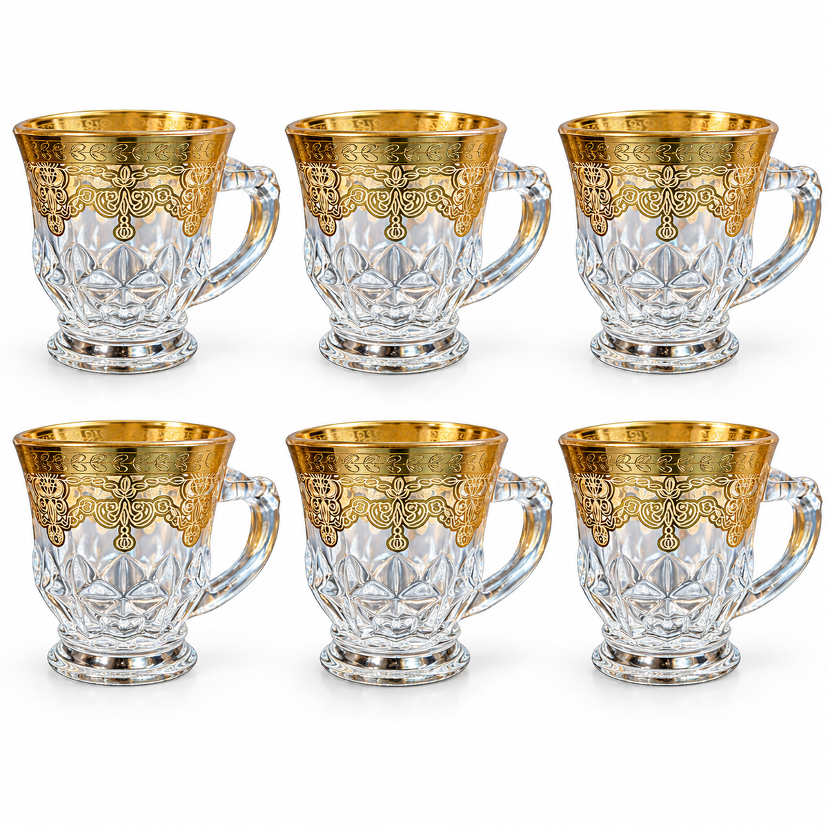 Gold Floral Glass Cups with Handles – Set of 6