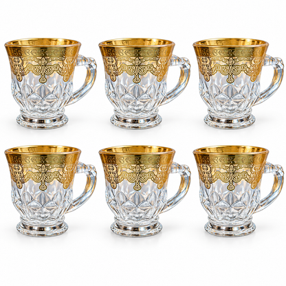 Gold Floral Glass Cups with Handles – Set of 6