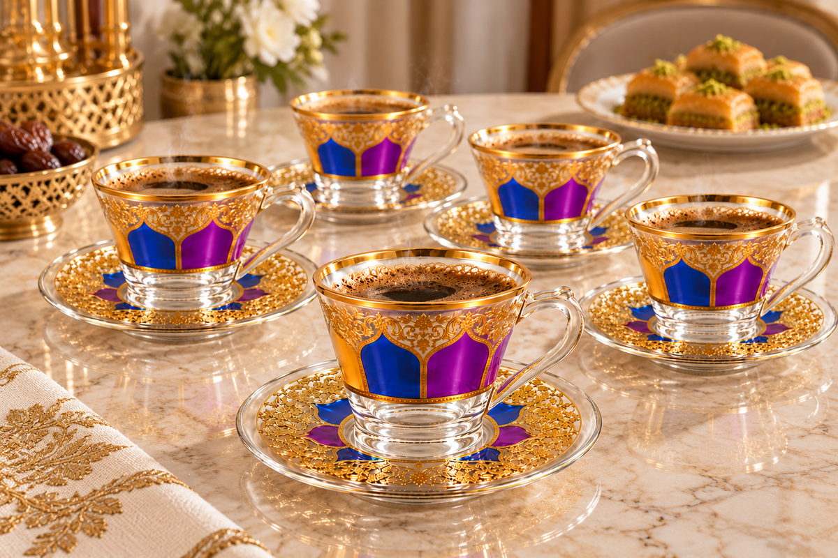 Gold Floral Glass Tea & Coffee Cups with Saucers – 12-Piece Set