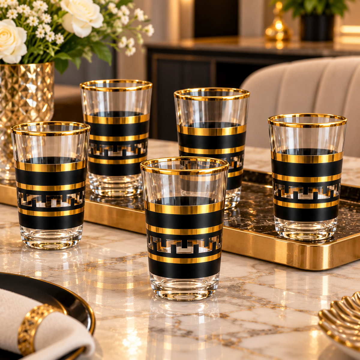 Black & Gold-Coloured Drinking Glasses – Set of 6